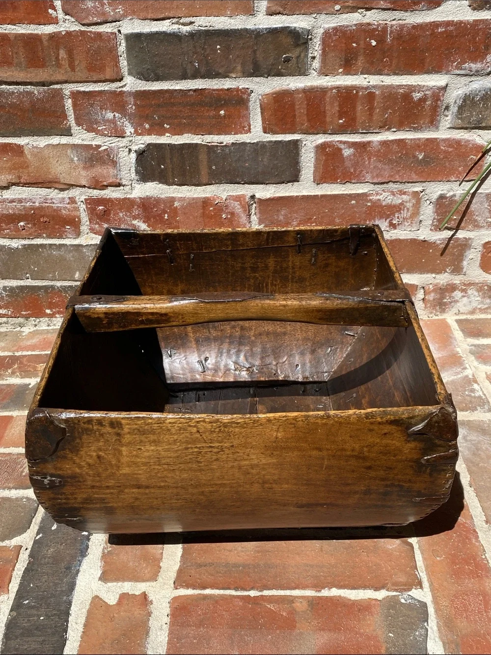 Antique Chinese Wooden Rice Measure Basket w/Handle and rustic metal accents